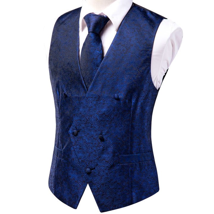 Navy Blue Floral Jacquard Silk Men's formal wear vest