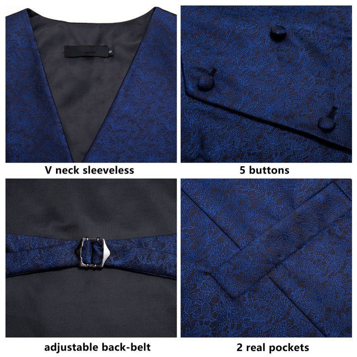 Navy Blue Floral Jacquard Silk Men's Vest Hanky Cufflinks Tie Set ...
