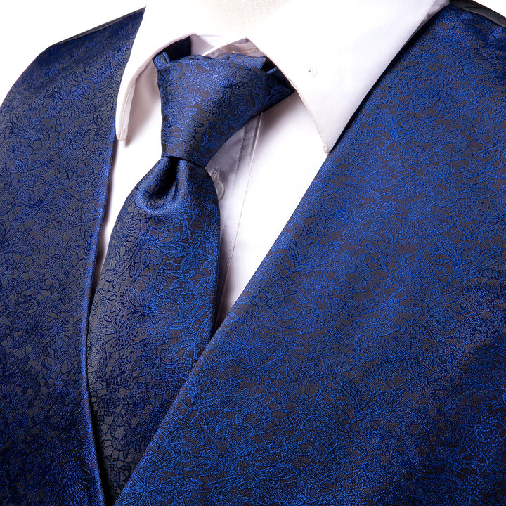 Navy Blue Floral silk dress suit vest men
