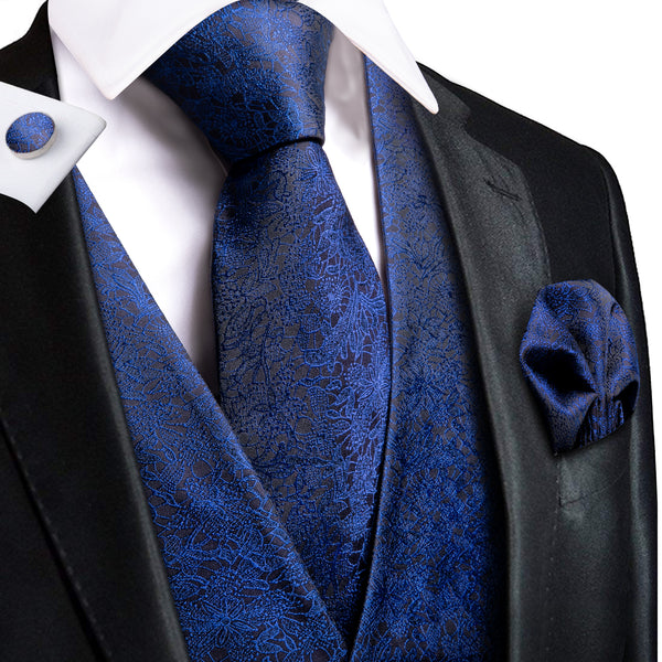 Navy Blue Floral Jacquard Silk Men's Vest Hanky Cufflinks Tie Set