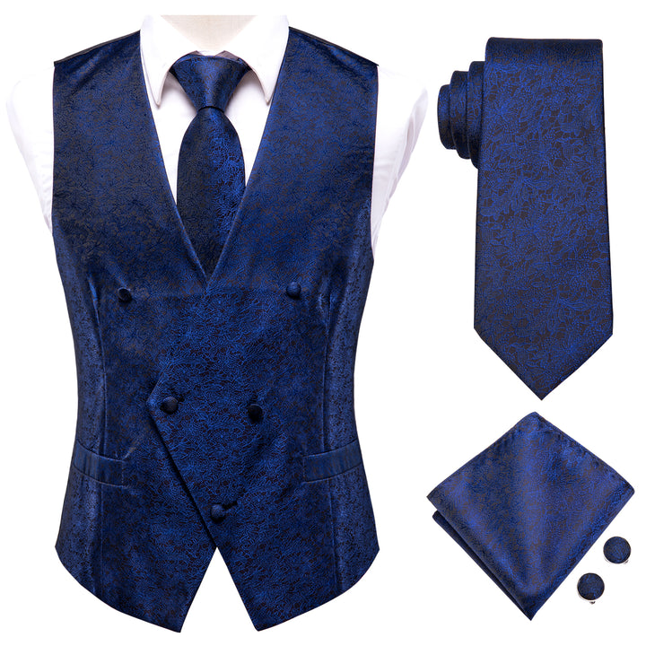 Navy Blue Floral Jacquard Silk Men's Vest suit waistcoats