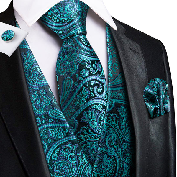 Blue Green Paisley Jacquard Silk Men's Vest Hanky Cufflinks Tie Set