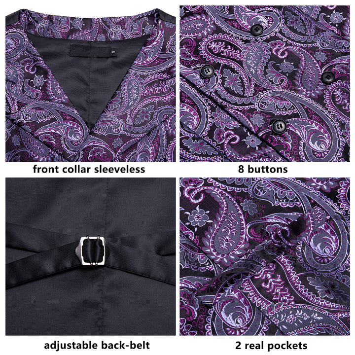Purple Paisley Jacquard Silk Men's Vest Hanky Cufflinks Tie Set For Su ...