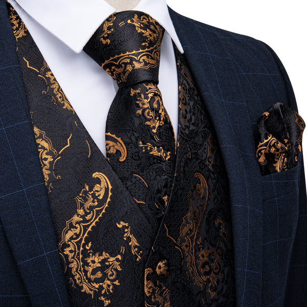 Luxury Black Golden Floral Men's Vest Tie Hanky Cufflinks Set Waistcoat Suit Set