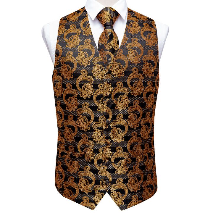 Coffee Brown Golden Floral Men's Vest Tie Hanky Cufflinks Set Waistcoa ...