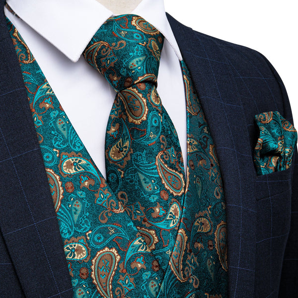 Shining Green Paisley Jacquard Silk Men's Vest Hanky Cufflinks Tie Set