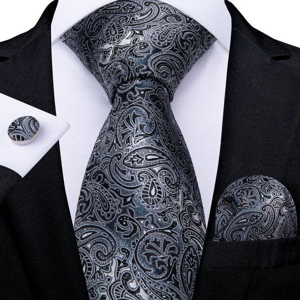 Grey Black Paisley Tie Pocket Square Cufflinks Set