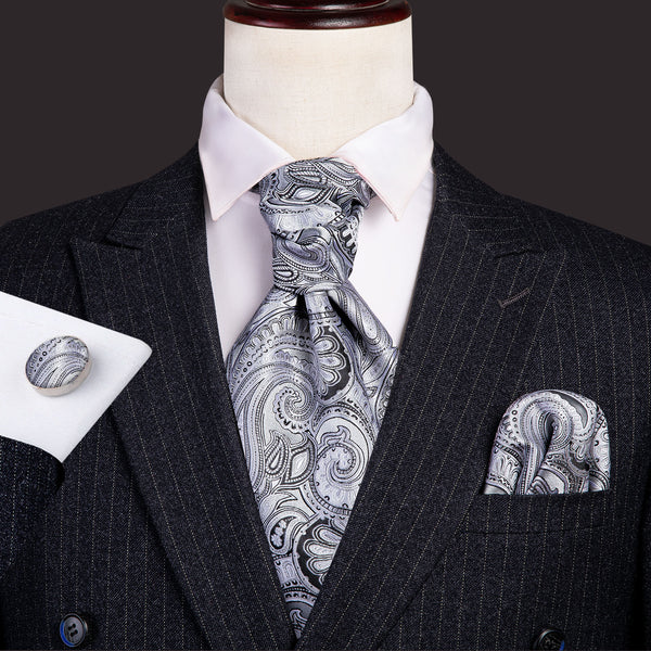 Silver Grey Paisley Silk Ascot Cravat Pocket Square Cufflinks Set