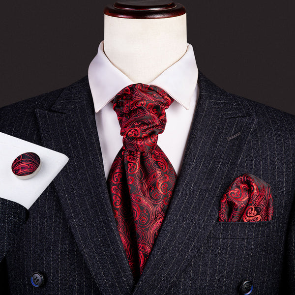 Black Red Paisley Silk Ascot Cravat Pocket Square Cufflinks Set