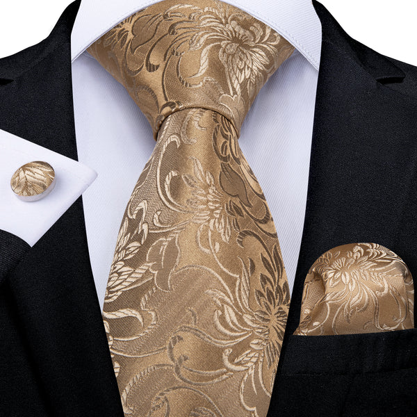 Champagne Gold Floral Men's Tie Pocket Square Cufflinks Set