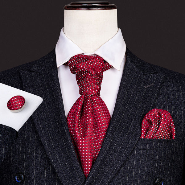 Red Polka Dot Silk Ascot Cravat Pocket Square Cufflinks Set