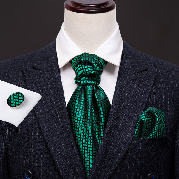 Shining Green Plaid Silk Ascot Cravat Pocket Square Cufflinks Set