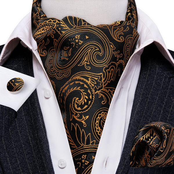 New Black Golden Paisley Silk Ascot Cravat Pocket Square Cufflinks Set
