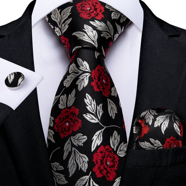 Silver Red Black Floral Men's Tie Pocket Square Cufflinks Set