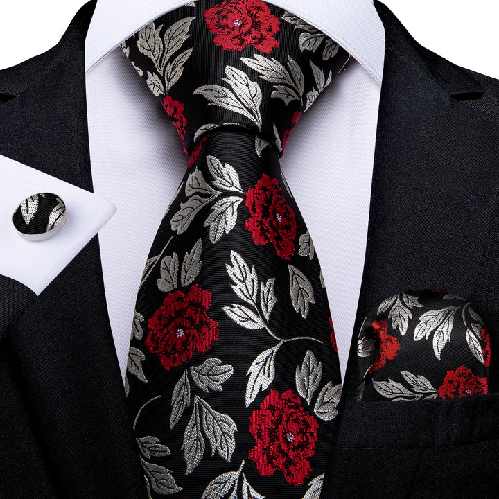 mens floral black sliver red silk tie