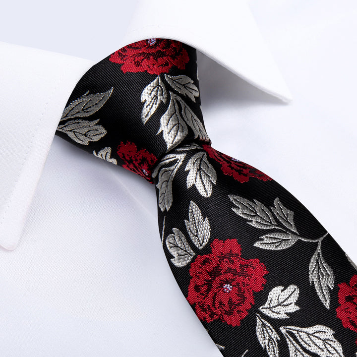 Black red rose floral and sliver leaves silk necktie for men with white shirt