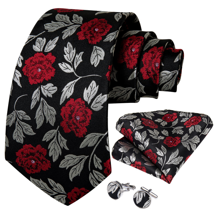 mens silk floral black sliver grey red neck tie