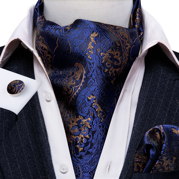 Dark Blue Golden Floral Silk Ascot Cravat Pocket Square Cufflinks Set