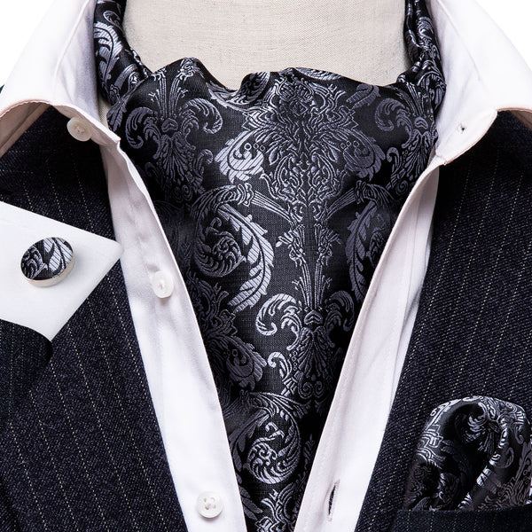 Black Grey Floral Silk Ascot Cravat Pocket Square Cufflinks Set