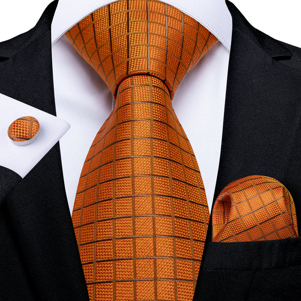 Orange Plaid Silk Men's Tie Pocket Square Cufflinks Set