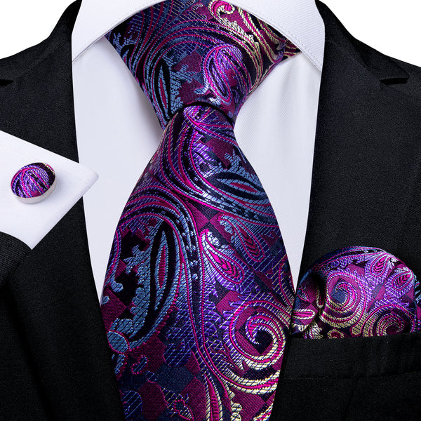 Blue Purple Paisley Silk Men's Tie Pocket Square Cufflinks Set