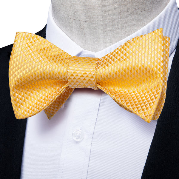 Light Yellow Plaid Self-tied Bow Tie Pocket Square Cufflinks Set