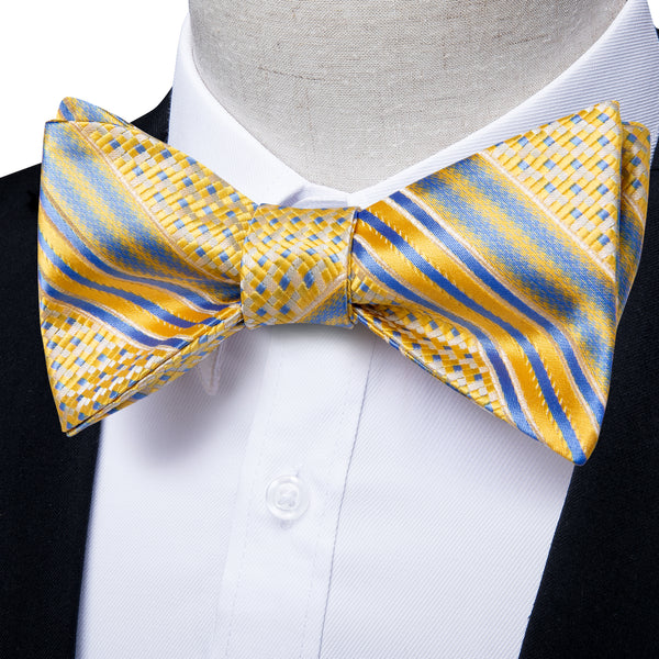 New Yellow Blue Striped Self-tied Bow Tie Pocket Square Cufflinks Set