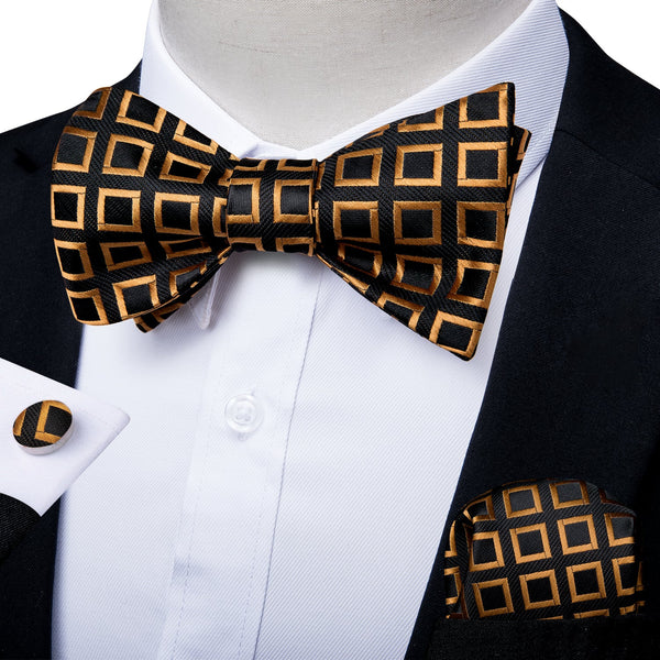 Black Golden Plaid Silk Self-tied Bow Tie Pocket Square Cufflinks Set