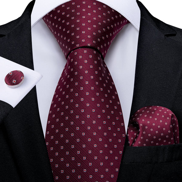Dark Red Polka Dot Men's Tie Pocket Square Cufflinks Set