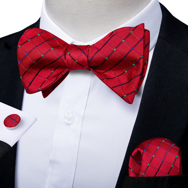 Red Blue Striped Silk Self-tied Bow Tie Pocket Square Cufflinks Set