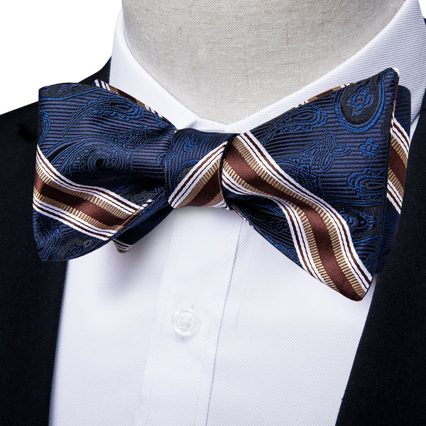 New Navy Blue Striped Paisley Self-tied Bow Tie Pocket Square Cufflinks Set