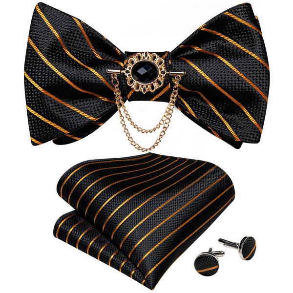 Black Golden Striped Self-tied Silk Bow Tie Pocket Square Cufflinks Set with Lapel Pin