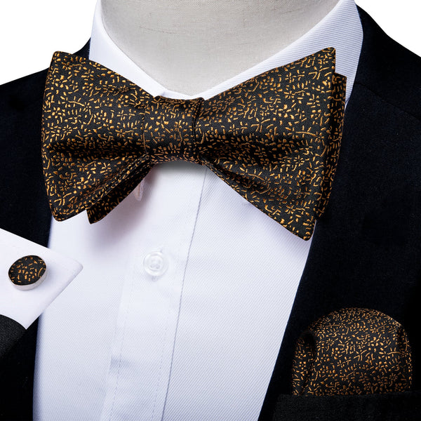 Black Golden Floral Silk Self-tied Bow Tie Pocket Square Cufflinks Set