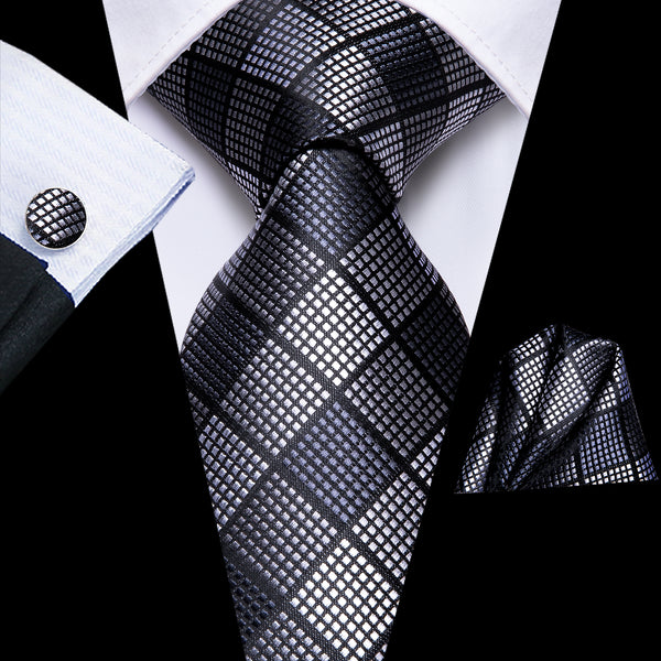Black White Plaid Tie Pocket Square Cufflinks Set