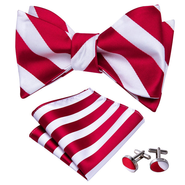 Xmas Red White Stripe Self-tied Bow Tie Hanky Cufflinks Set