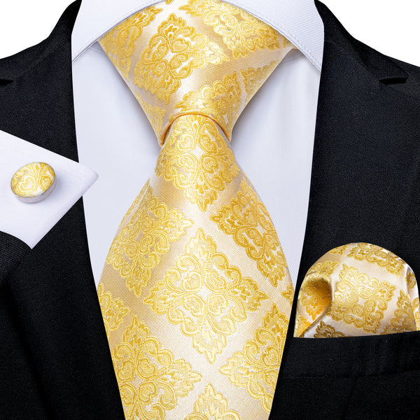 Golden Floral Tie Pocket Square Cufflinks Set