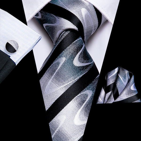 Black White Wave Striped Silk Men's Tie Pocket Square Cufflinks Set