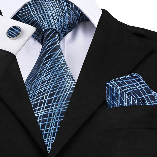 Blue Novelty Silk Men's Tie Hanky Cufflinks Set