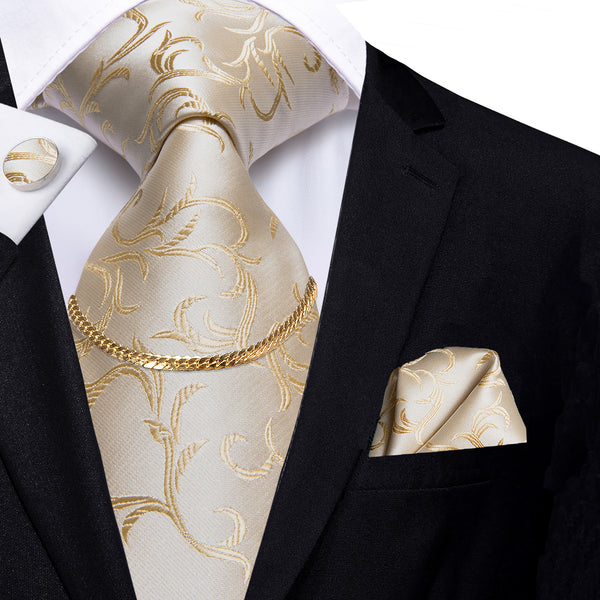Champagne Floral Silk Fabric Men's Tie Hanky Cufflinks Set with Tie Chain