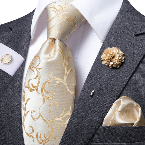 Champagne White Floral Men's Necktie Pocket Square Cufflinks Set with Lapel Pin
