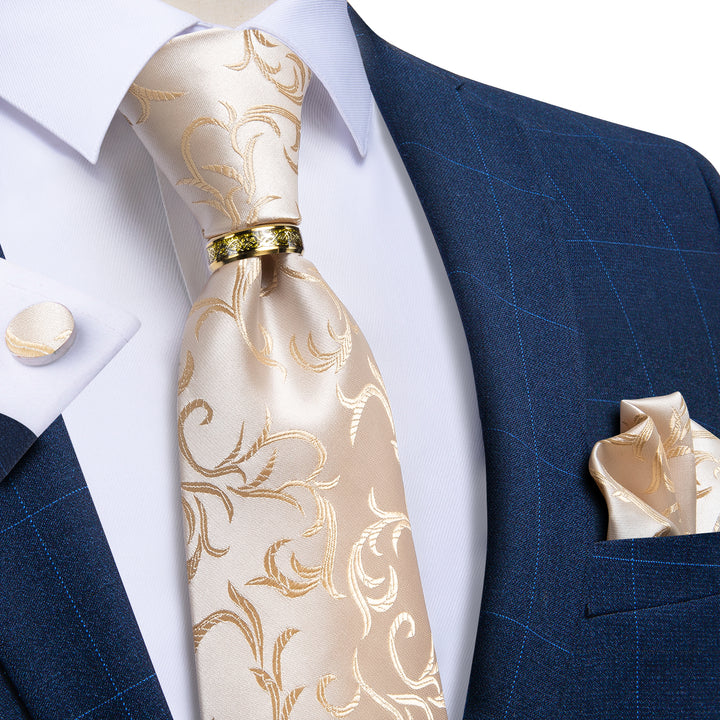 Champagne Tie Floral Tie Ring Pocket Square Cufflinks Set for Men