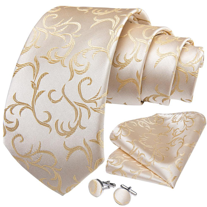 Silver Floral Tie Pocket Square Cufflinks Set for mens champagne tie