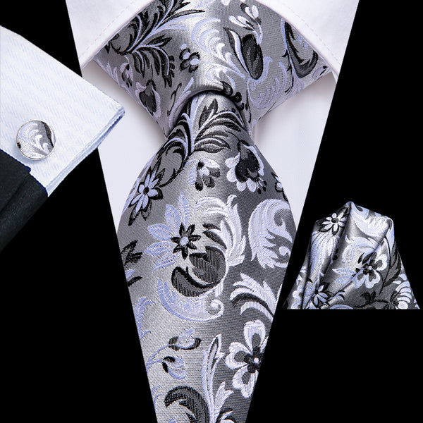 Grey White Floral Tie Pocket Square Cufflinks Set