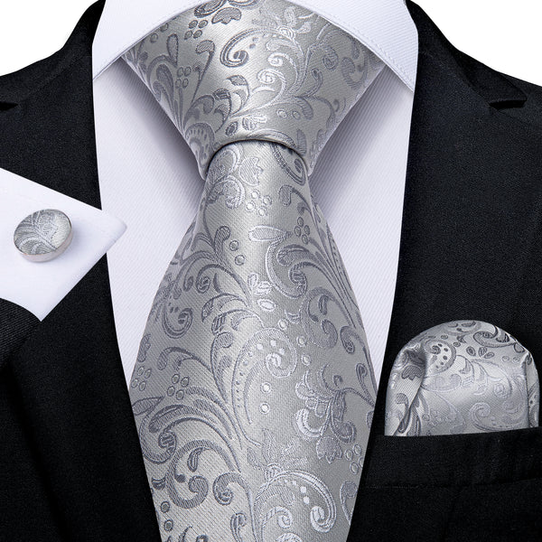 Shining Silver White Floral Men's Tie Handkerchief Cufflinks Set