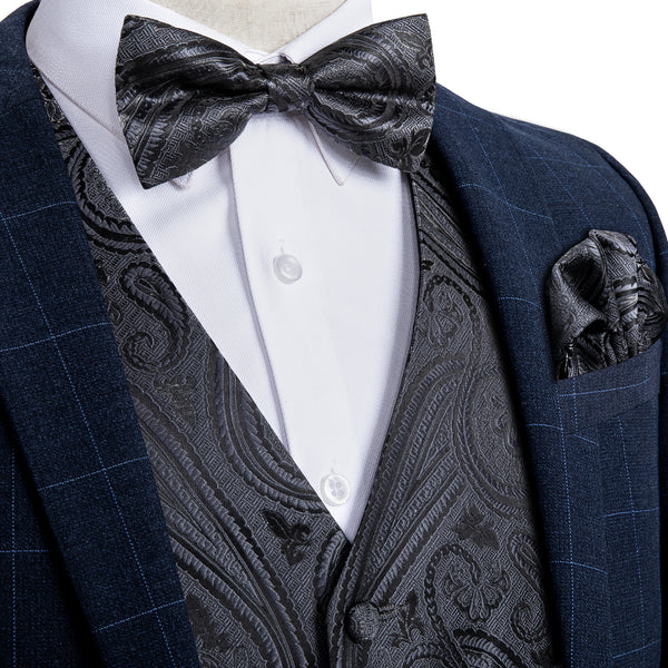 Coal Black Paisley Silk Vest Bow Tie Set