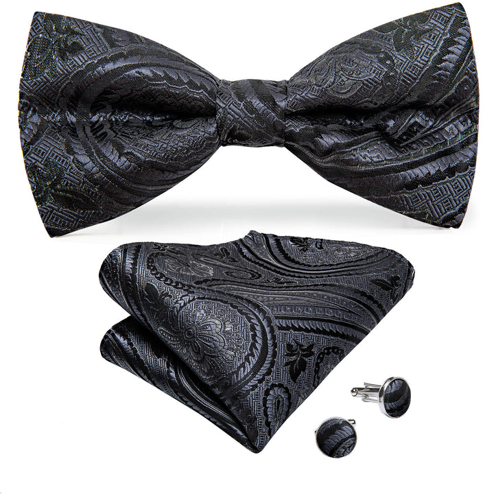 Coal Black Paisley Silk Vest Bow Tie Set