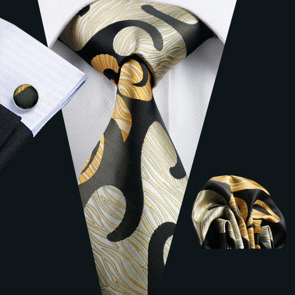 Black Yellow Novelty Silk Men's Tie Hanky Cufflinks Set