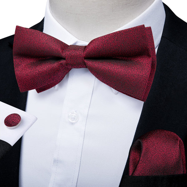 Novelty Red Solid Silk Pre-tied Bow Tie Hanky Cufflinks Set