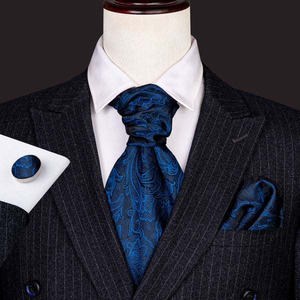 Deep Blue Floral Silk Ascot Cravat Pocket Square Cufflinks Set