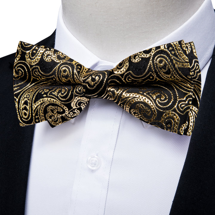 mens silk black gold paisley bow tie set 
